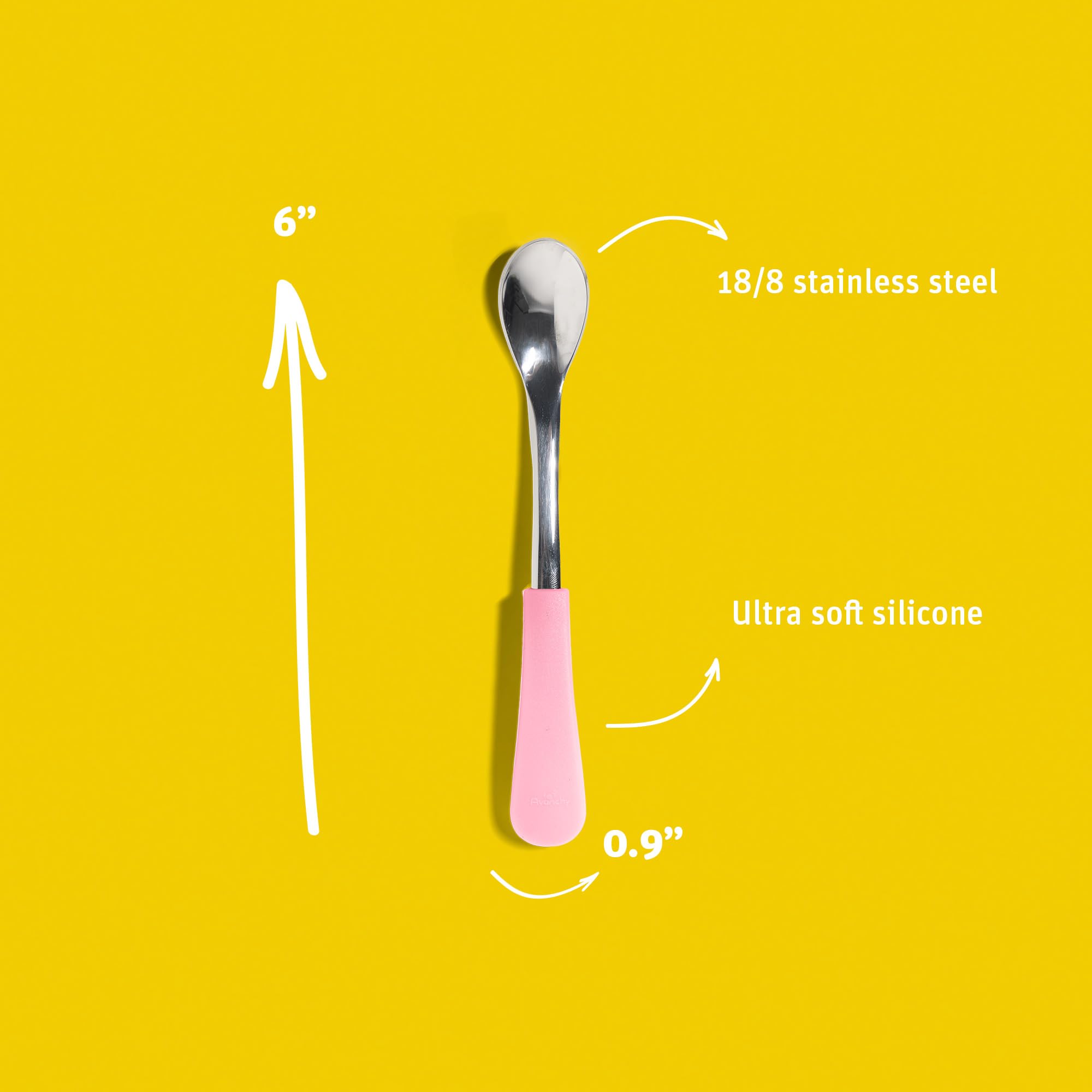 Avanchy Infant Baby Spoons Stainless Steel And Silicone Set, Self Feeding Food Utensils, 4 Months Baby Led Weaning, 2 Pack, Blac